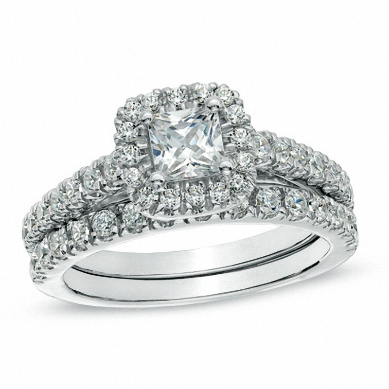 1-1/4 CT. Princess-Cut Diamond Halo Bridal Engagement Ring Set in 14K White Gold