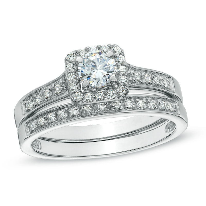 1/2 CT. T.W. Diamond Square Halo Bridal Engagement Ring Set in 14K White Gold
