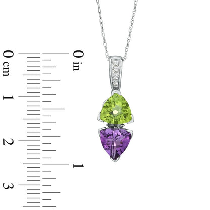 7.0mm Trillion-Cut Amethyst, Peridot and Natural Diamond Accent Drop Pendant in 10K White Gold