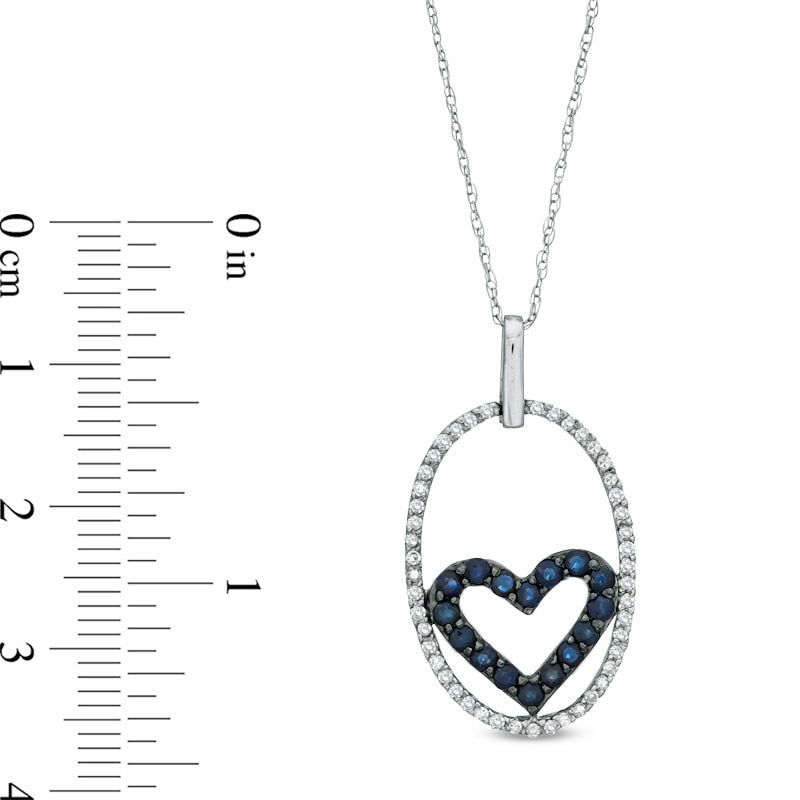 Blue Sapphire and 0.25 CT. T.W. Natural Diamond Heart in Oval Pendant in 10K White Gold