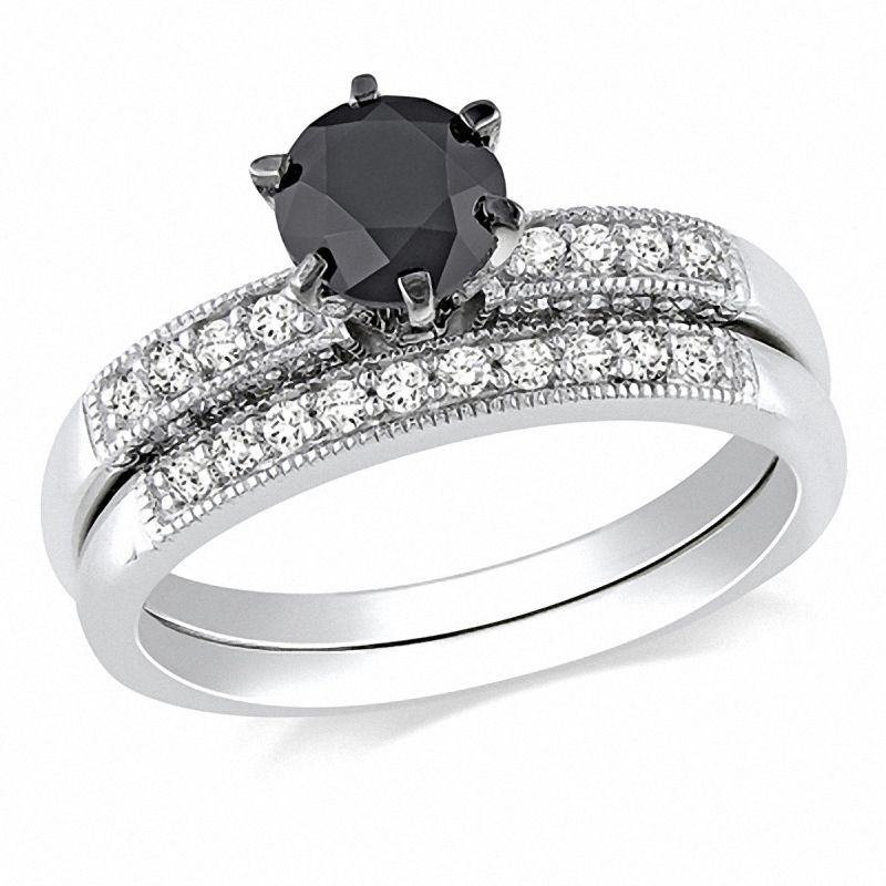 1-1/4 CT. T.W. Enhanced Black and White Diamond Bridal Set in 14K White Gold