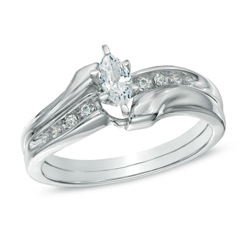 1/2 CT. Marquise Diamond Bypass Bridal Engagement Ring Set in 14K White Gold