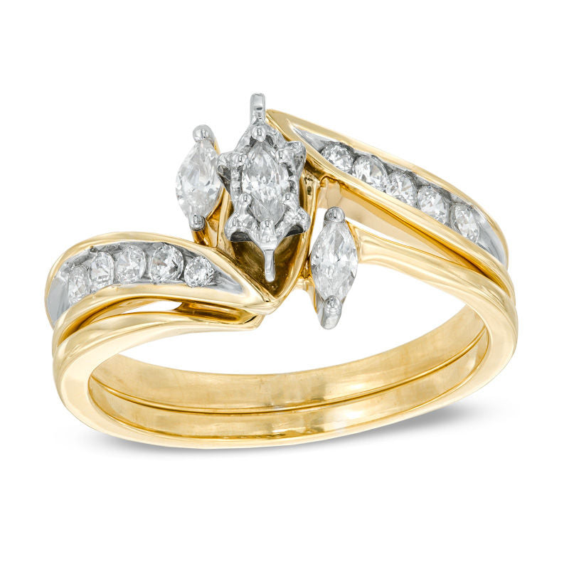 1/2 CT. Marquise Diamond Three Stone Bridal Engagement Ring Set in 14K Gold