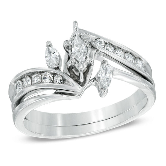 1/2 CT. Marquise Diamond Three Stone Bridal Engagement Ring Set in 14K White Gold