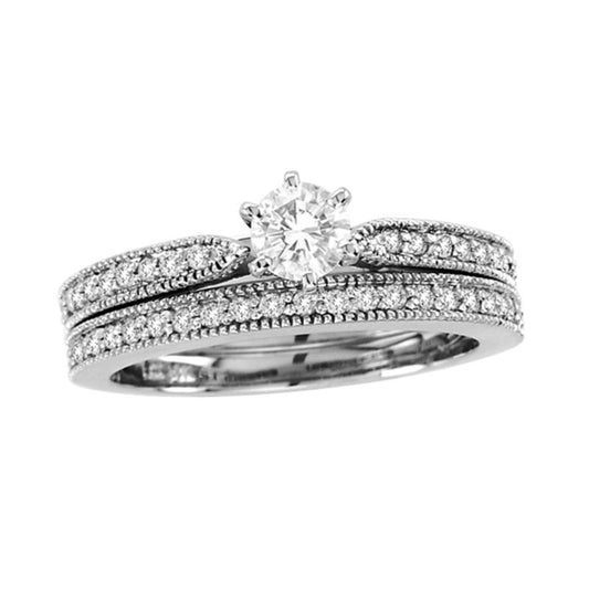 3/4 CT. T.W. Diamond Vintage-Style Bridal Engagement Ring Set in 14K White Gold