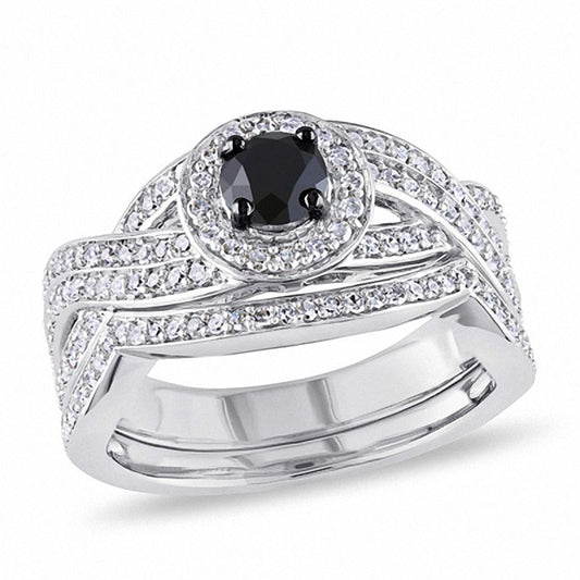 1 CT. Black and White Diamond Knotted Bridal Engagement Ring Set in Sterling Silver