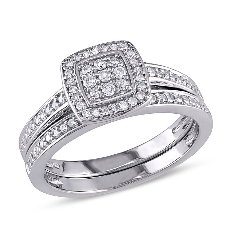 1/4 CT. T.W. Diamond Square Cluster Bridal Engagement Ring Set in Sterling Silver