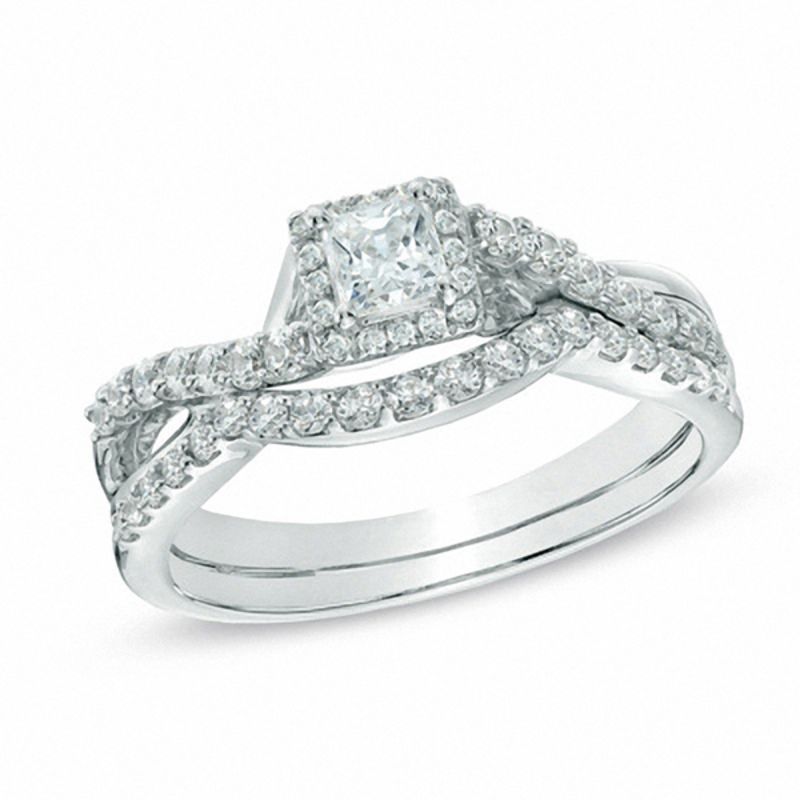 3/4 CT. Princess-Cut Diamond Halo Twist Shank Bridal Engagement Ring Set in 14K White Gold