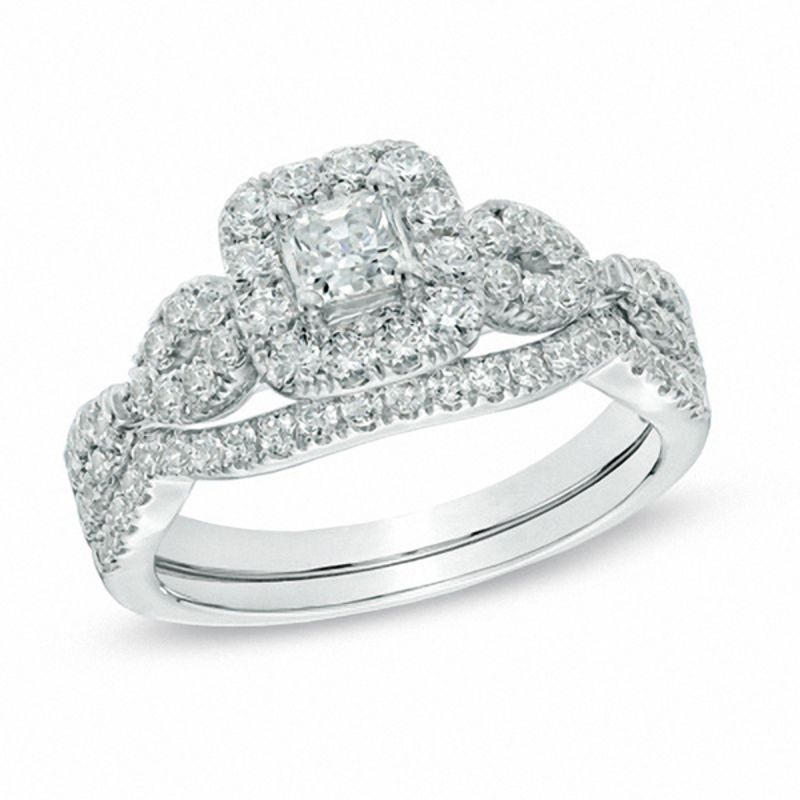 1 CT. T.W. Princess-Cut Diamond Halo Twist Bridal Engagement Ring Set in 14K White Gold