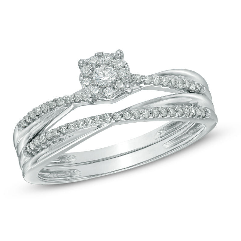 1/5 CT. T.W. Diamond Cluster Frame Criss-Cross Bridal Engagement Ring Set in 14K White Gold