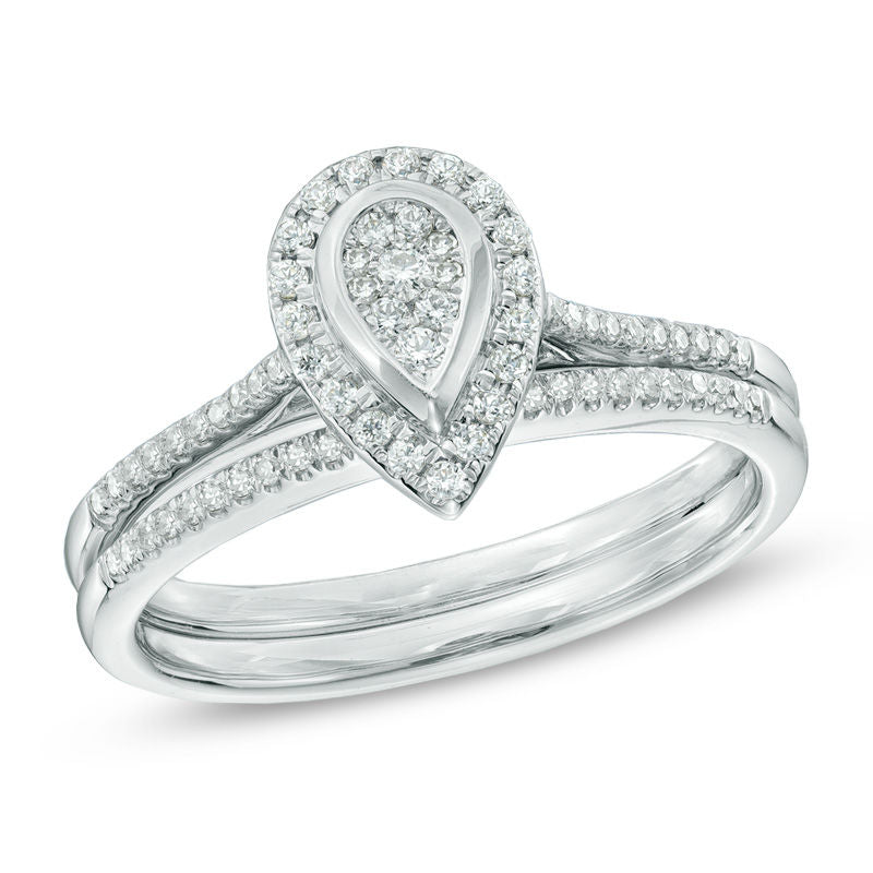 1/3 CT. T.W. Diamond Pear-Shaped Composite Halo Bridal Engagement Ring Set in 14K White Gold