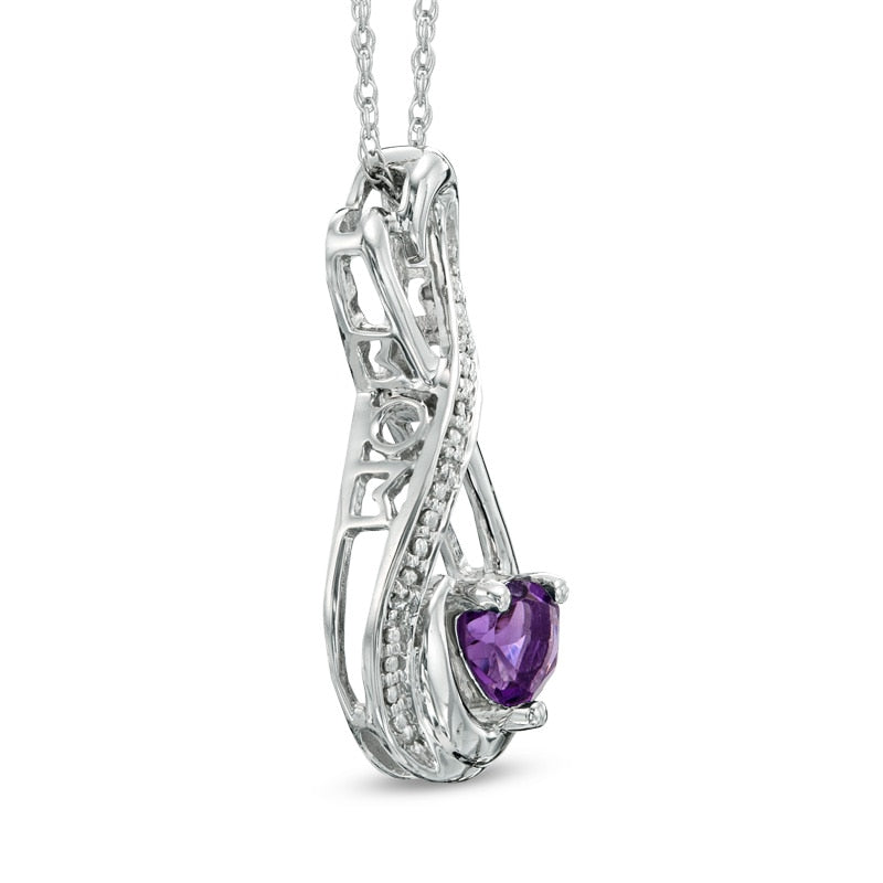5.0mm Heart-Shaped Amethyst and Natural Diamond Accent Infinity Heart "MOM" Pendant in Sterling Silver