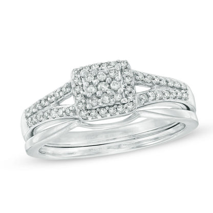 1/4 CT. T.W. Diamond Square Cluster Halo Bridal Engagement Ring Set in 14K White Gold