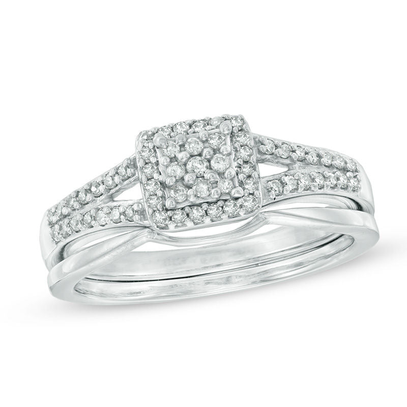 1/4 CT. T.W. Diamond Square Cluster Halo Bridal Engagement Ring Set in 14K White Gold
