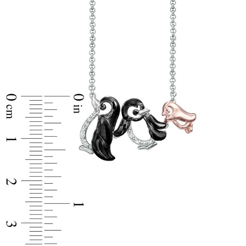 Natural Diamond Accent Penguin Family Necklace in Sterling Silver and 18K Rose Gold Plate - 16"