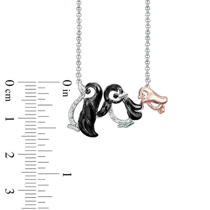 Natural Diamond Accent Penguin Family Necklace in Sterling Silver and 18K Rose Gold Plate - 16"