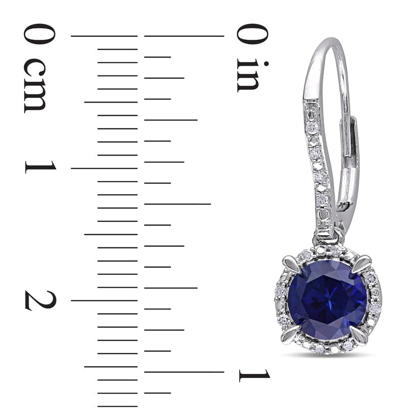 6.0mm Lab-Created Blue Sapphire and 0.1 CT. T.W. Diamond Frame Drop Earrings in 10K White Gold