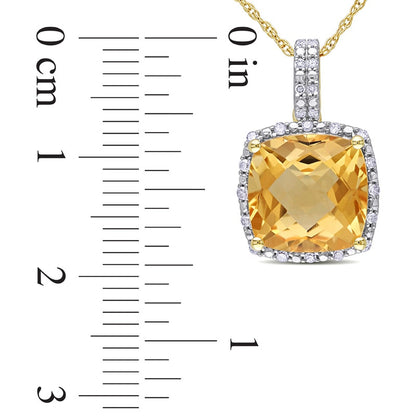 10.0mm Cushion-Cut Citrine and 0.1 CT. T.W. Natural Diamond Frame Pendant in 10K Yellow Gold - 17"