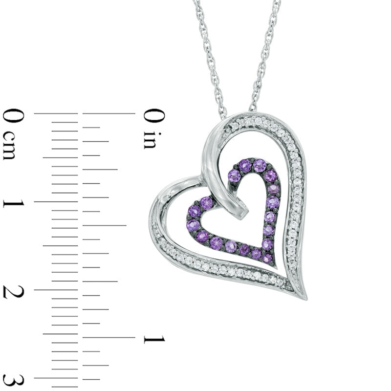 Amethyst and 0.17 CT. T.W. Natural Diamond Double Heart Pendant in Sterling Silver