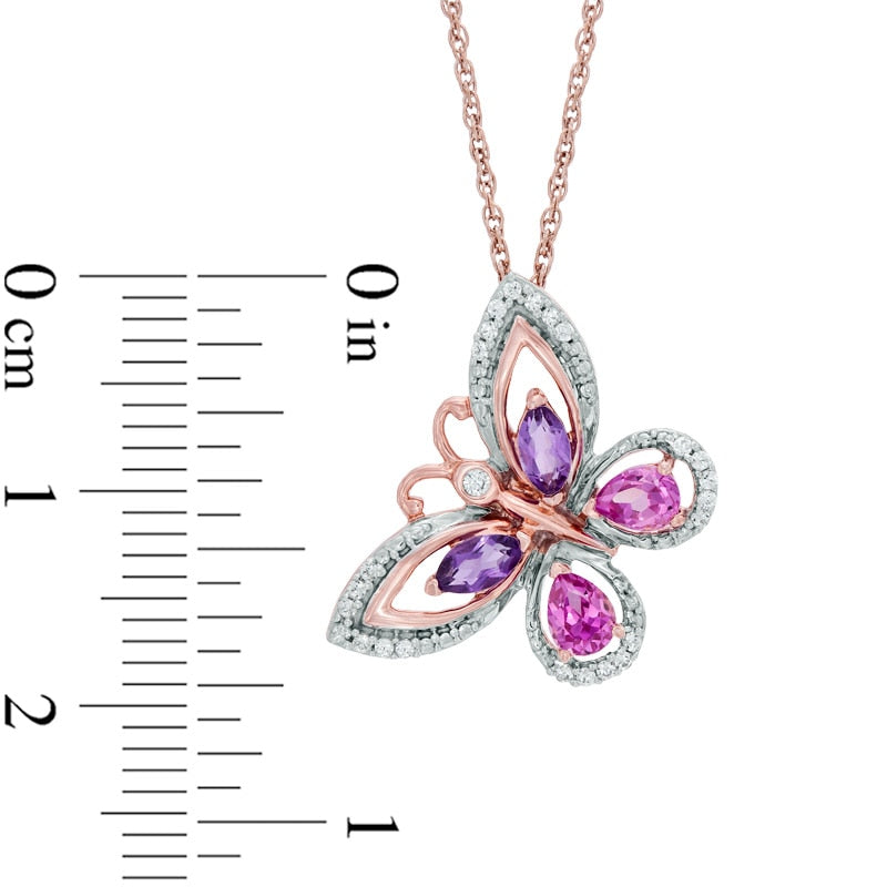 Pear-Shaped Lab-Created Pink Sapphire, Amethyst and 0.1 CT. T.W. Diamond Butterfly Pendant in 10K Rose Gold
