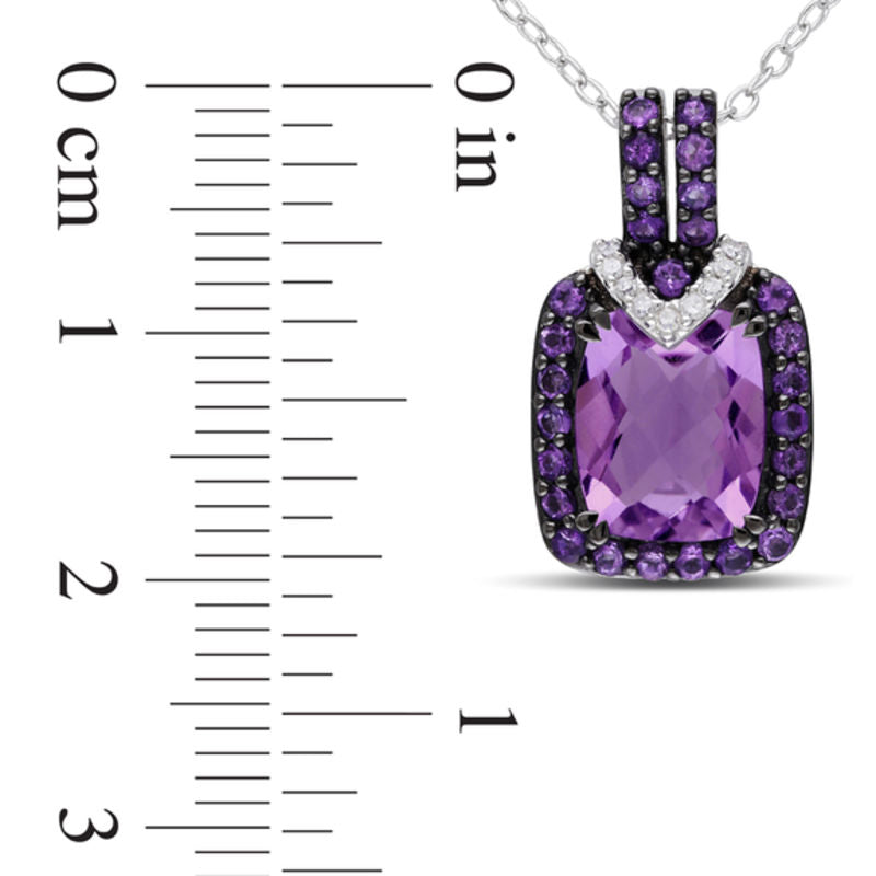 Cushion-Cut Amethyst and Natural Diamond Accent Pendant in Sterling Silver with Black Rhodium