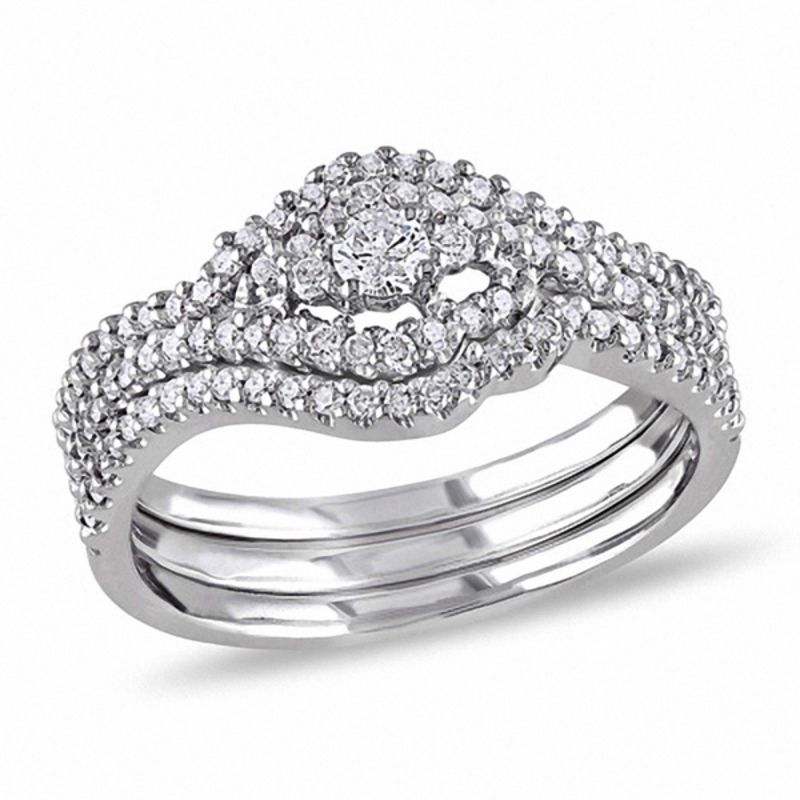 1/2 CT. Diamond Swirl Three Piece Bridal Engagement Ring Set in 14K White Gold