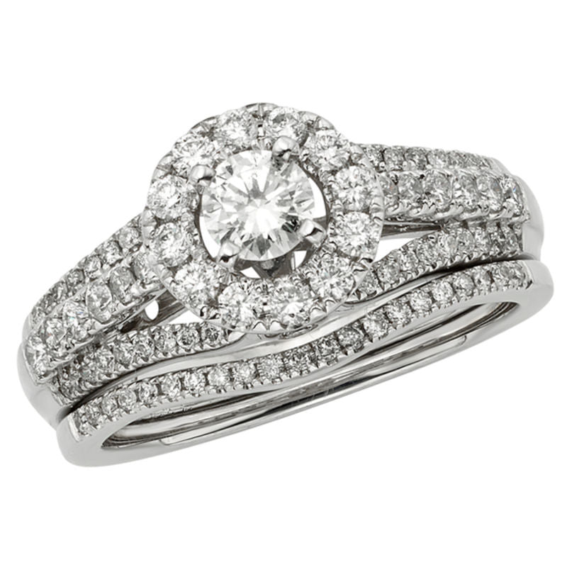 1 CT. T.W. Diamond Halo Bridal Engagement Ring Set in 14K White Gold