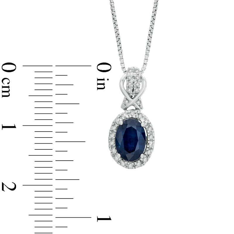 Oval Blue Sapphire and 0.2 CT. T.W. Natural Diamond Pendant in Sterling Silver