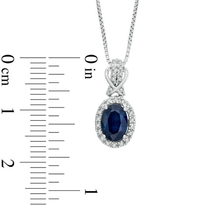Oval Blue Sapphire and 0.2 CT. T.W. Natural Diamond Pendant in Sterling Silver