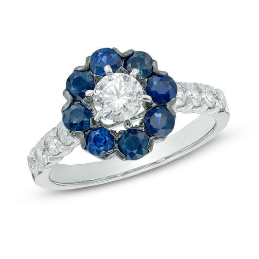 1 CT. T.W. Diamond and Blue Sapphire Frame Engagement Ring in 14K White Gold