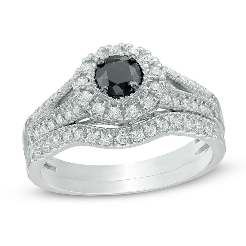 5/8 CT. T.W. Enhanced Black and White Diamond Halo Bridal Engagement Ring Set in 14K White Gold