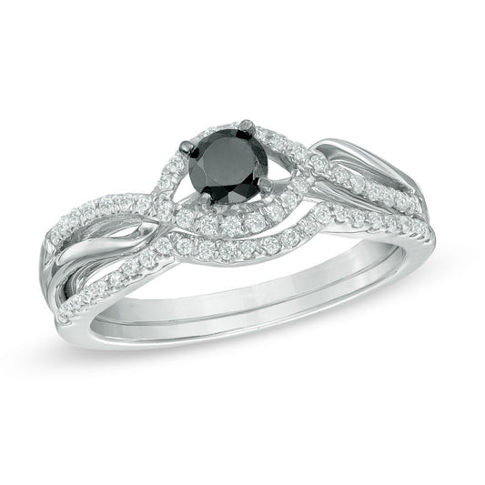 1/2 CT. Black and White Diamond Bypass Bridal Engagement Ring Set in Sterling Silver
