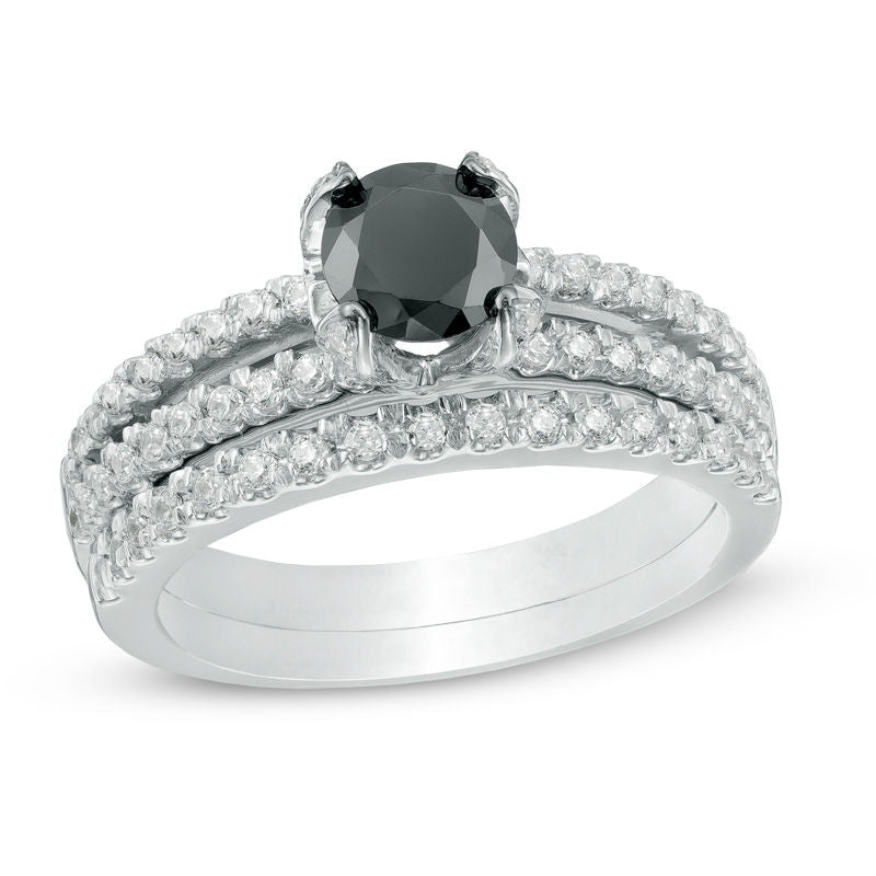 1-1/4 CT. T.W. Enhanced Black and White Diamond Split Shank Bridal Engagement Ring Set in 14K White Gold