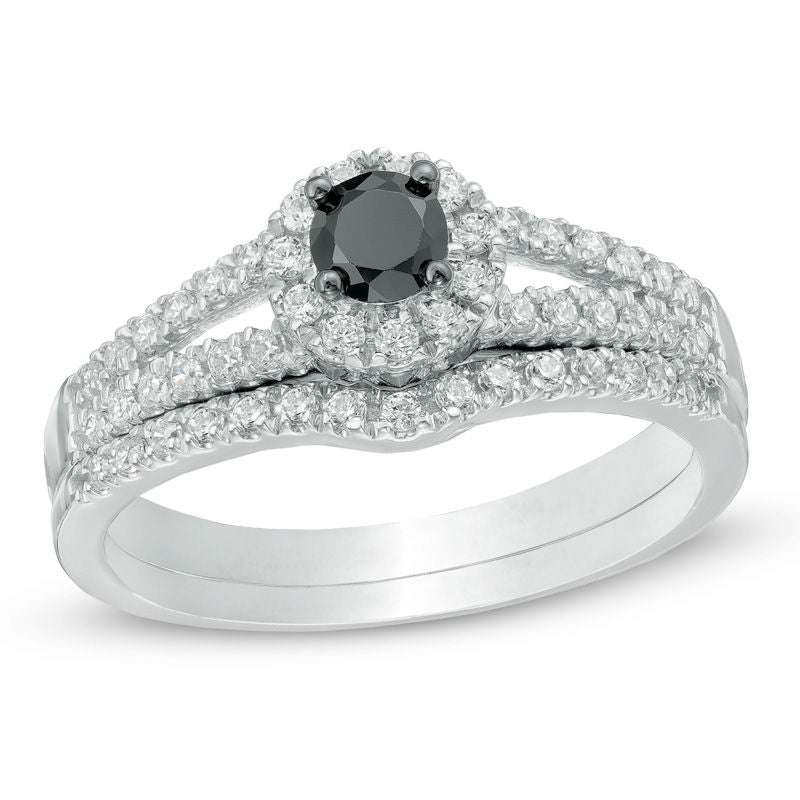 1/2 CT. Black and White Diamond Split Shank Bridal Engagement Ring Set in 14K White Gold