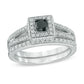 1/2 CT. Black and White Diamond Square Halo Split Shank Bridal Set in Sterling Silver