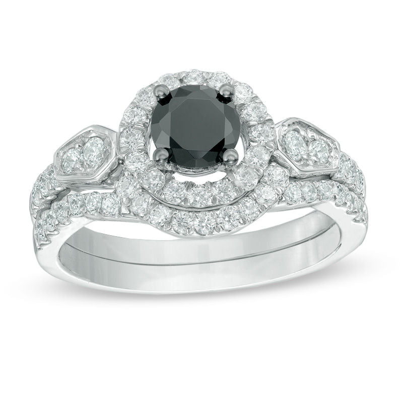 1-1/4 CT. T.W. Enhanced Black and White Diamond Frame Bridal Engagement Ring Set in 14K White Gold