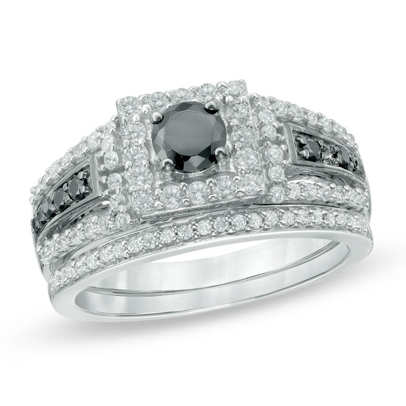 1 CT. Black and White Diamond Square Halo Bridal Engagement Ring Set 14K White Gold