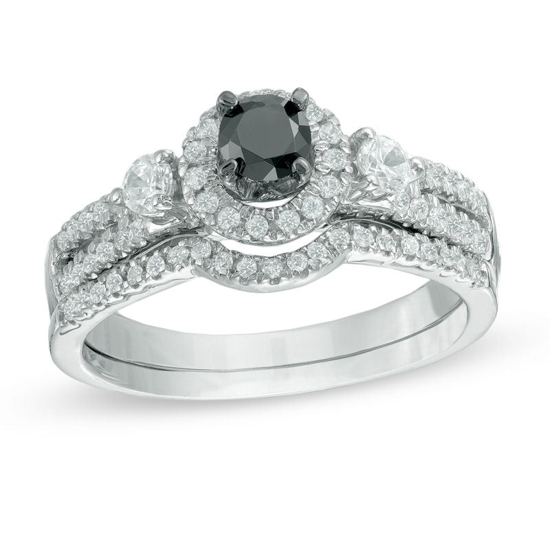 Black and White Diamond Halo Bridal Engagement Ring Set in 14K White Gold