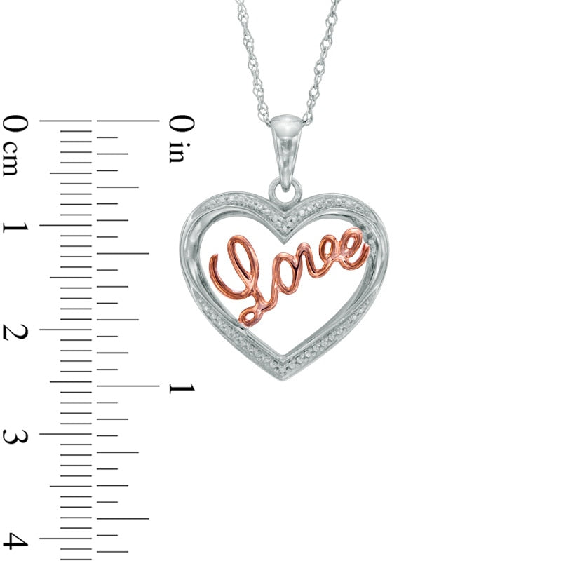 Natural Diamond Accent Heart with Cursive "Love" Pendant in Sterling Silver and 10K Rose Gold Plate