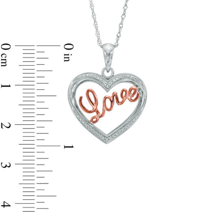 Natural Diamond Accent Heart with Cursive "Love" Pendant in Sterling Silver and 10K Rose Gold Plate
