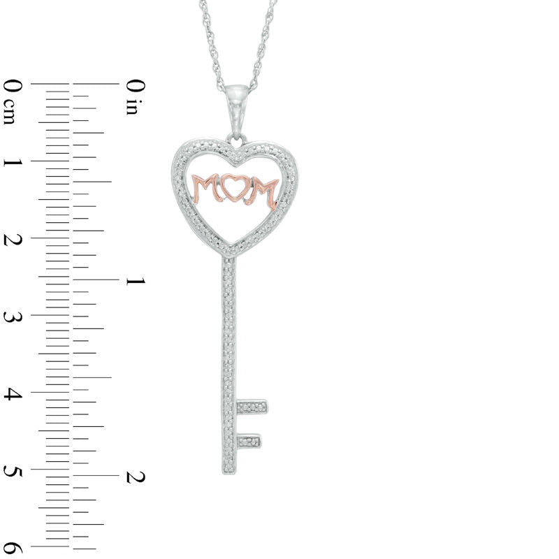 Natural Diamond Accent Heart-Top Key with "MOM" Pendant in Sterling Silver and 10K Rose Gold Plate