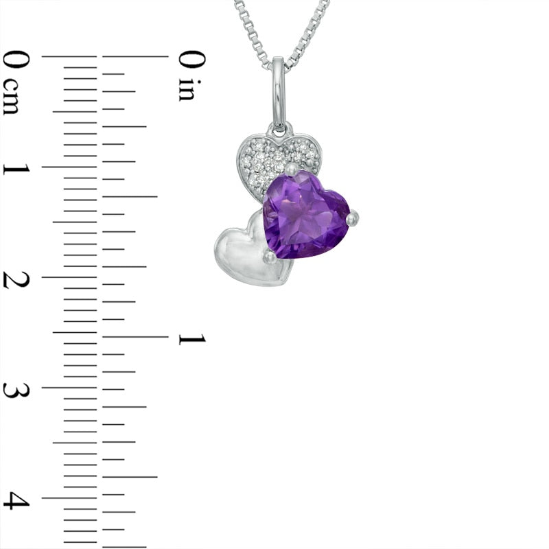 8.0mm Heart-Shaped Amethyst and Natural Diamond Accent Triple Heart Pendant in Sterling Silver
