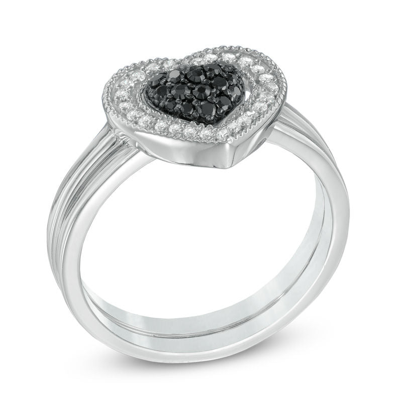 1/4 CT. T.W. Enhanced Black and White Diamond Heart Cluster Bridal Set in Sterling Silver