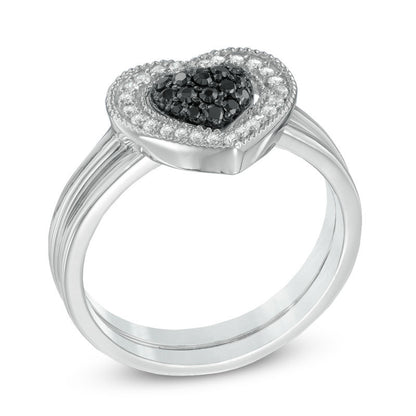 1/4 CT. T.W. Enhanced Black and White Diamond Heart Cluster Bridal Set in Sterling Silver