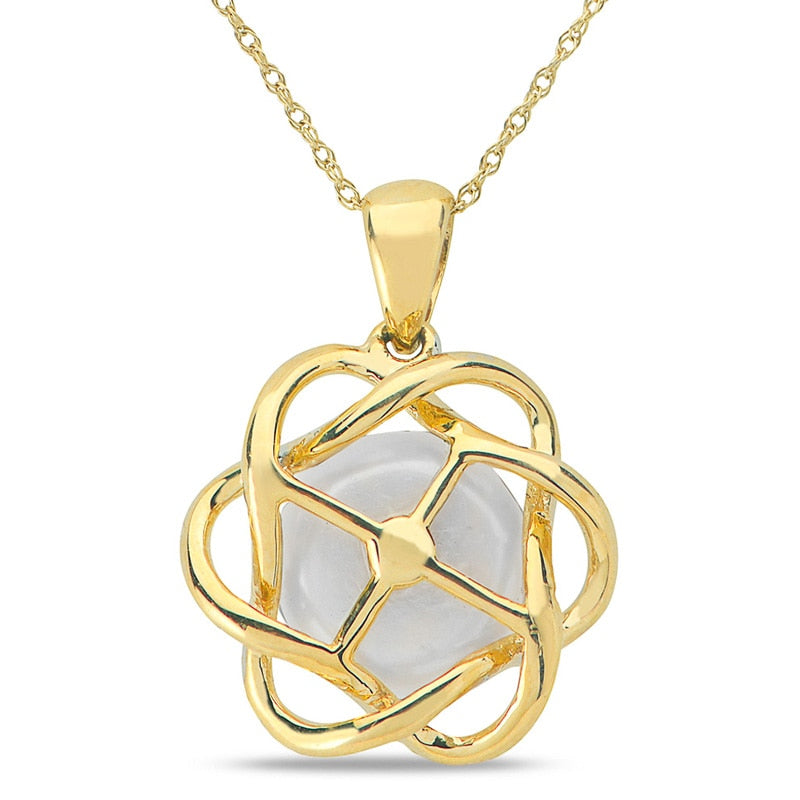 9.5 - 10.0mm Cultured Freshwater Pearl and Natural Diamond Accent Pendant in 10K Yellow Gold