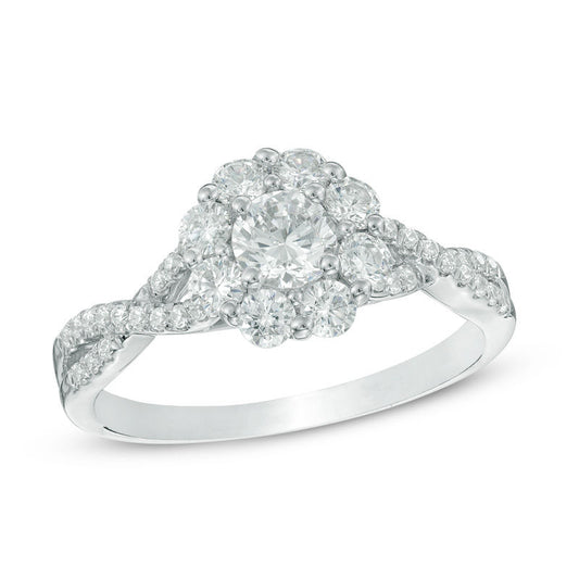 7/8 CT. T.W. Diamond Flower Frame Twist Engagement Ring in 14K White Gold