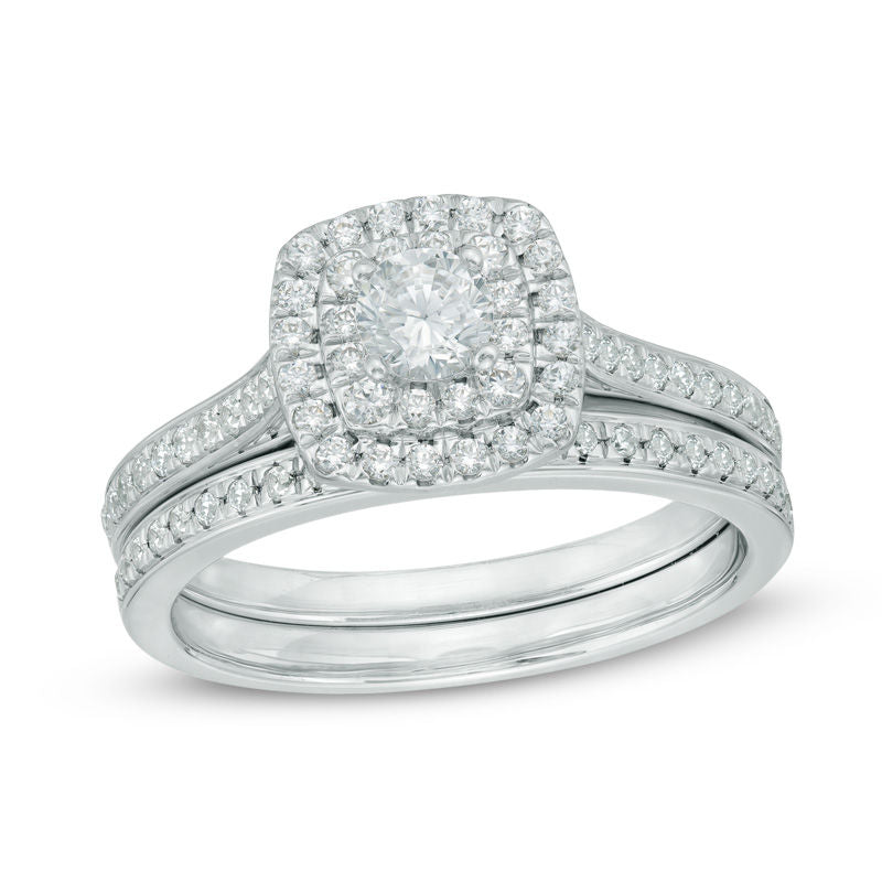 3/4 CT. T.W. Diamond Double Square Halo Bridal Engagement Ring Set in 14K White Gold
