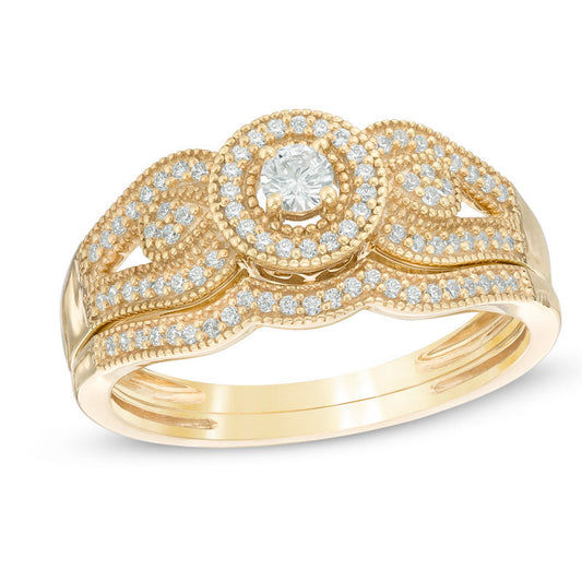 1/4 CT. T.W. Diamond Halo Vintage-Style Bridal Engagement Ring Set in 14K Yellow Gold