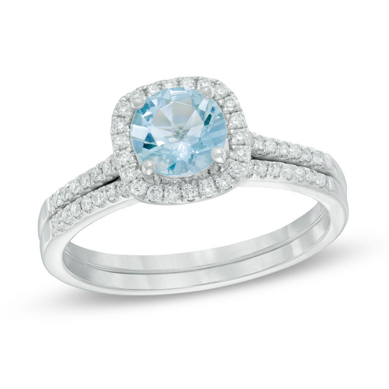 6.0mm Aquamarine and 1/4 CT. T.W. Diamond Frame Bridal Engagement Ring Set in 14K White Gold
