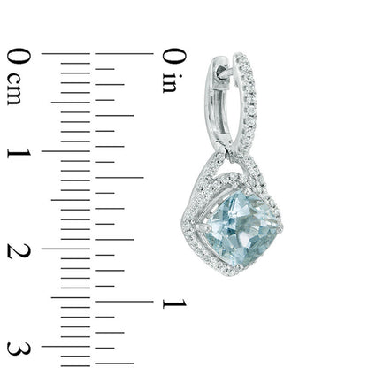Cushion-Cut Aquamarine and 0.33 CT. T.W. Diamond Frame Drop Earrings in 10K White Gold
